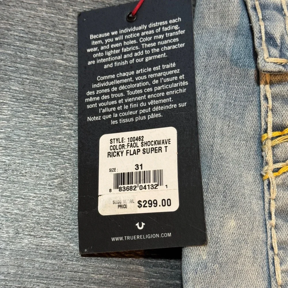 NWT True Religion Ricky Super T Flap Jeans Size‎ 31 Light Wash Distressed $299